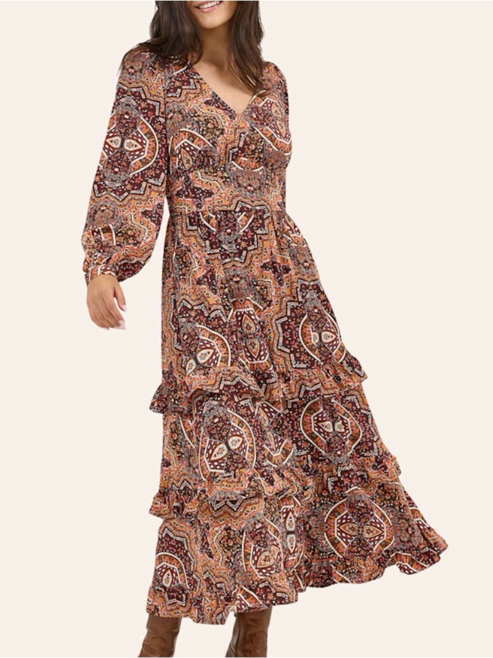 Wrangler Retro Womens Red Geo Print Tiered Maxi Dress